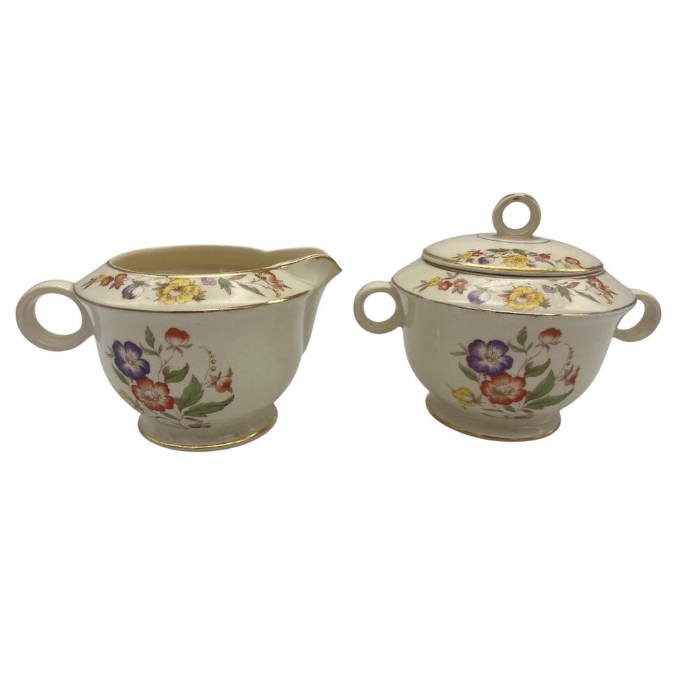 Paden City Pottery Buttercup Creamer & Sugar Bowl w/Lid Vintage 1940s Floral